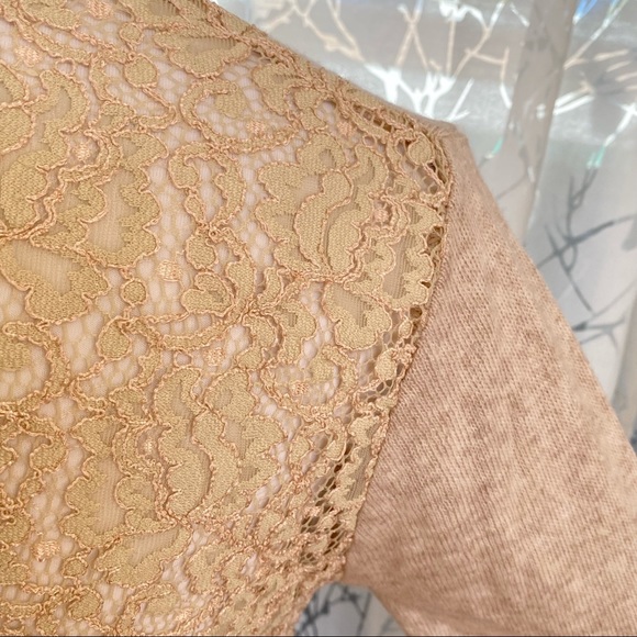 Zara tan brown beige sheer lace back crewneck knit sweater long sleeve top - Picture 4 of 7